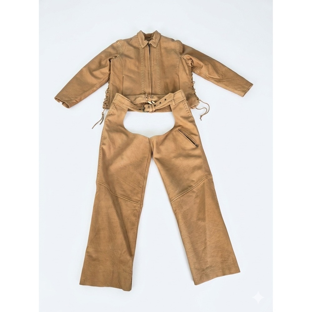 Sunrider Leather Western Jacket and Chaps‎ Set Whipstitch Lace Up Size 3X